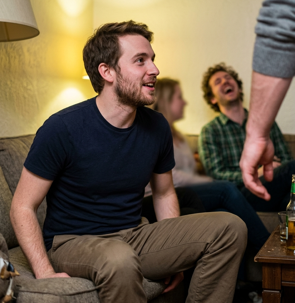 Man at a casual social gathering, candid photo