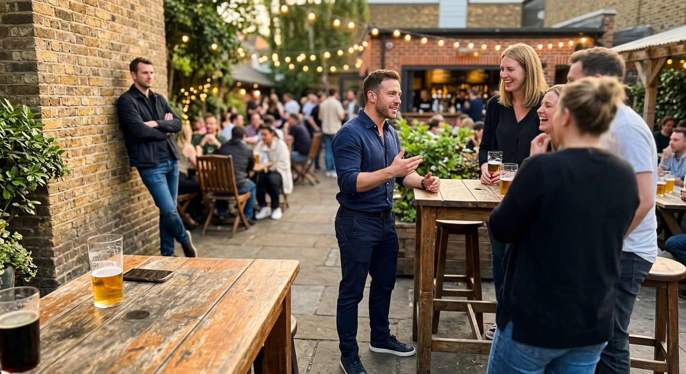 Confident shorter man at an outdoor bar, commanding the conversation