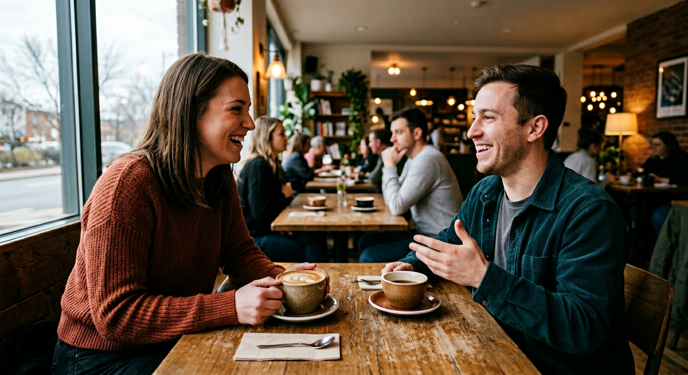 Couple on a first date at a coffee shop, woman laughing and engaged