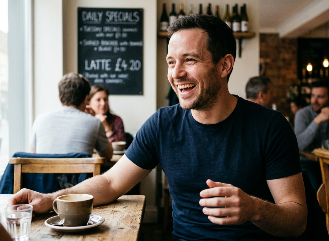 Man with relaxed open expression at a social event, contrast with closed body language in background