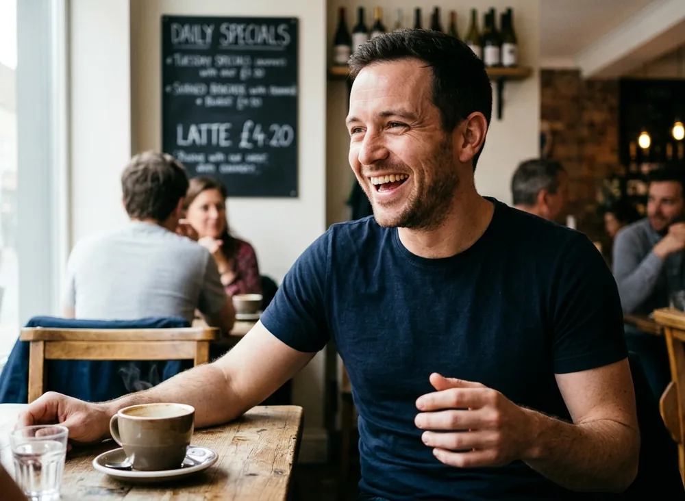 Man with relaxed open expression at a social event, contrast with closed body language in background