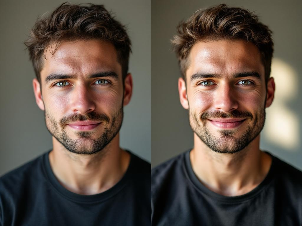 Same man photographed with poor vs. good grooming and lighting