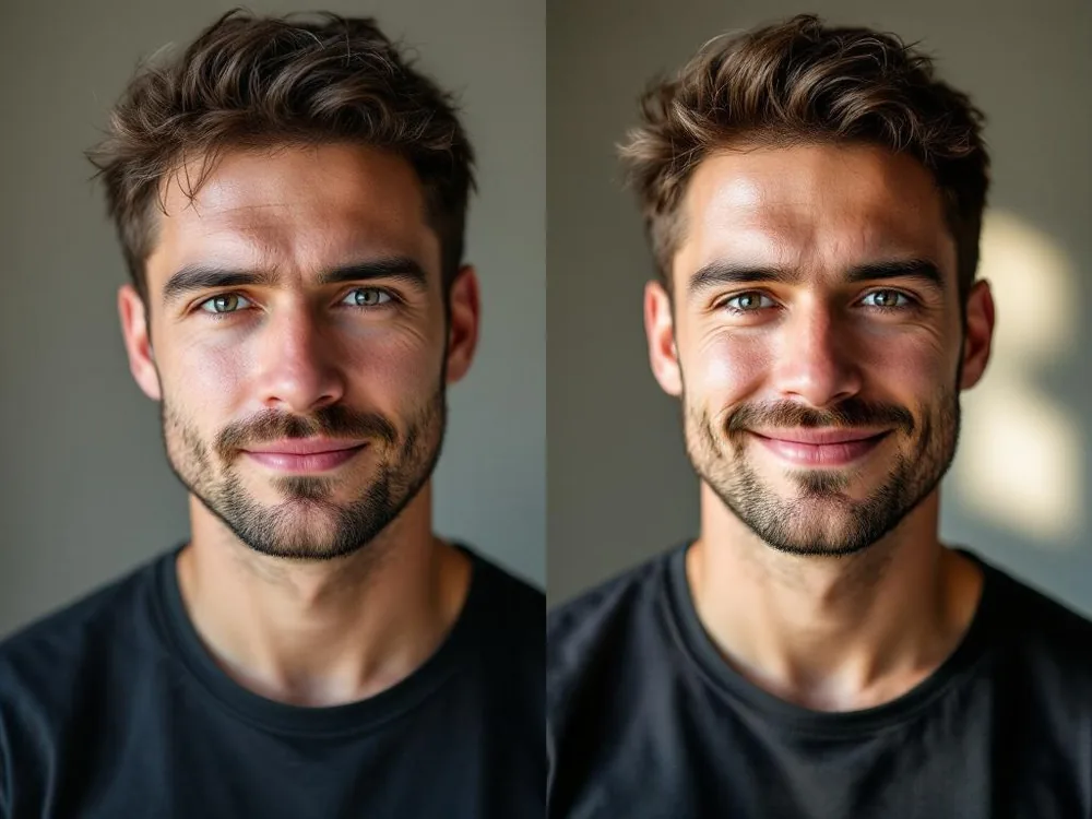 Same man photographed with poor vs. good grooming and lighting