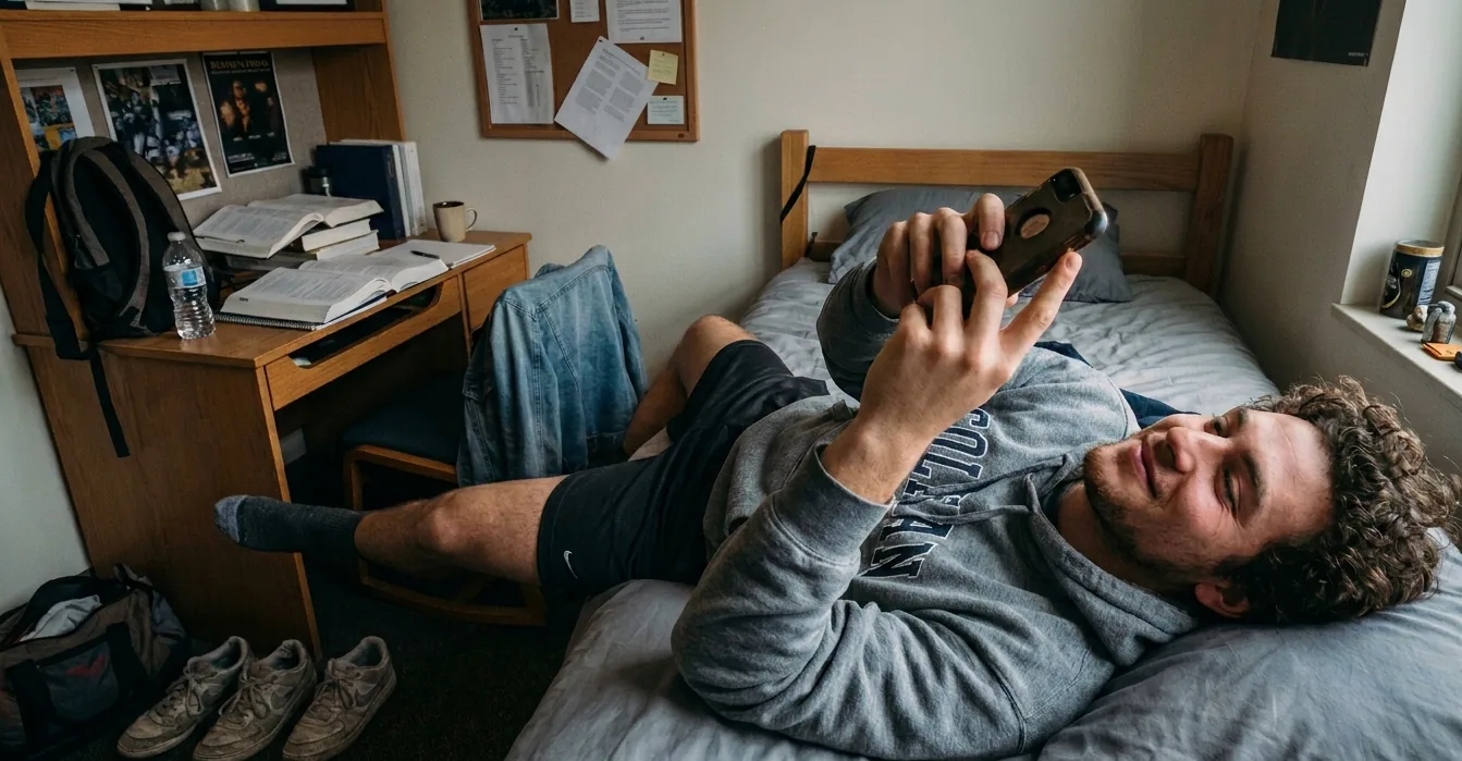 Young man lying on his dorm room bed, smiling at his phone after getting a match