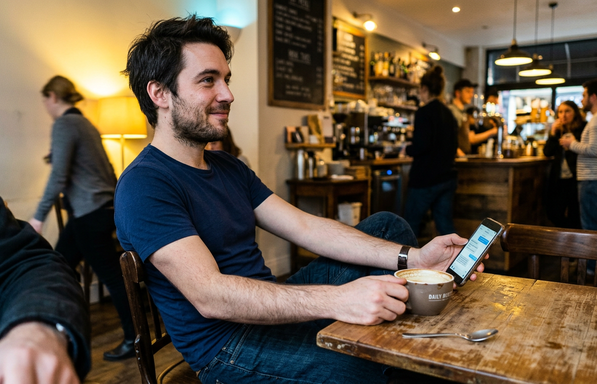 Man casually texting at a cafe table, relaxed and unbothered
