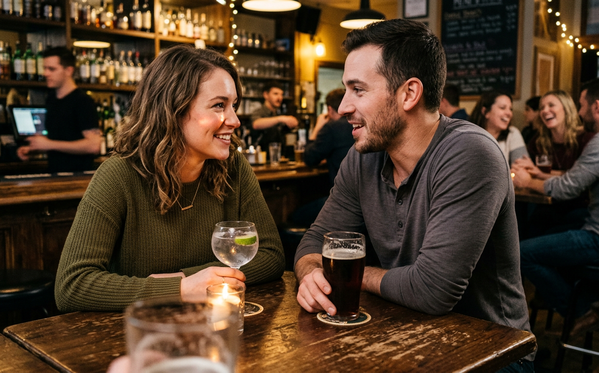 Man and woman on a first date at a casual bar, leaning in and engaged
