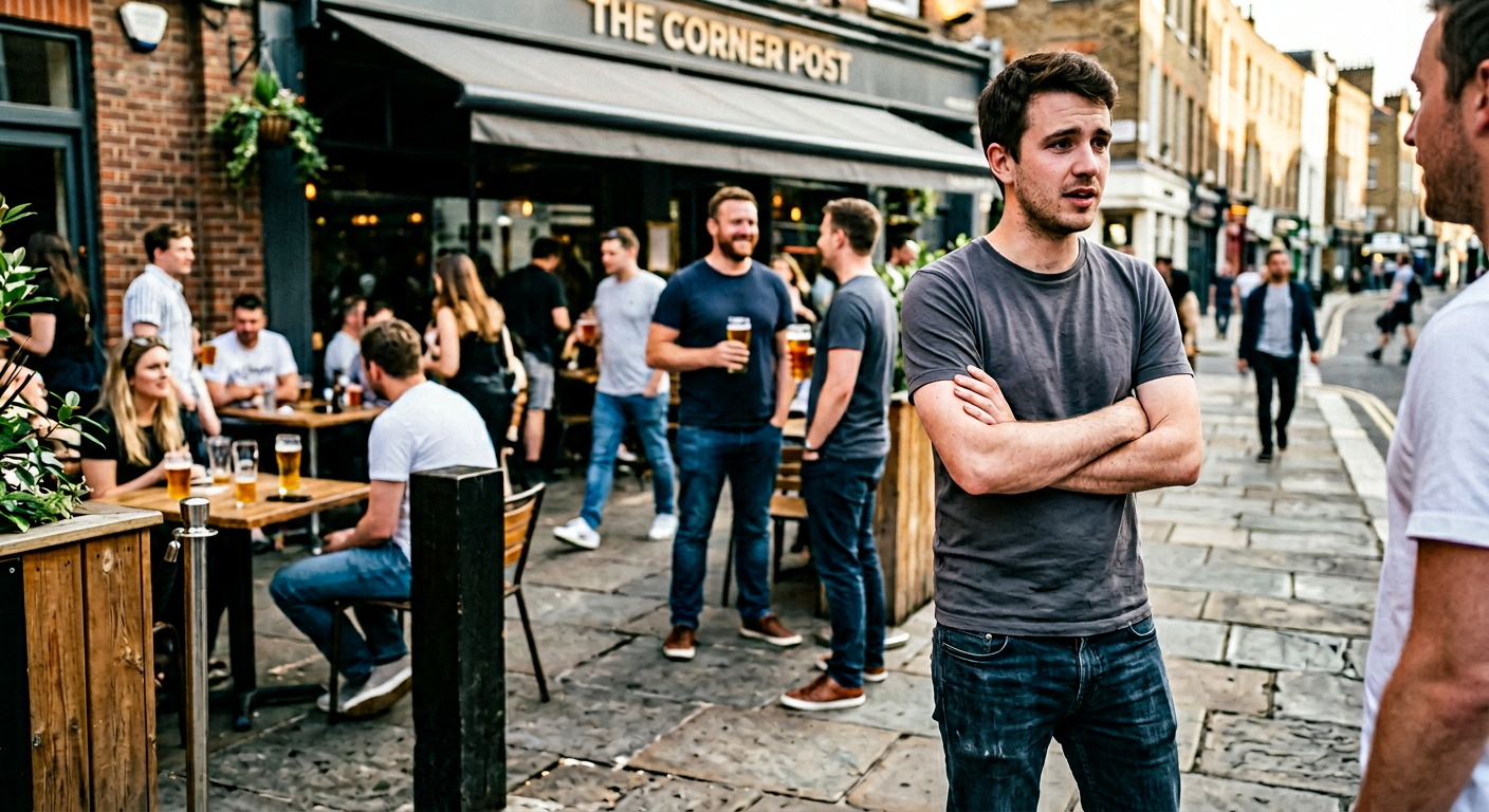 Man with slightly closed body language mid-approach at an outdoor terrace bar, with a more relaxed confident man visible in the blurred background