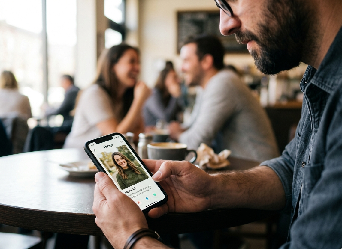 Man scrolling a dating app on his phone at a café, with a couple laughing on a date visible in the blurred background