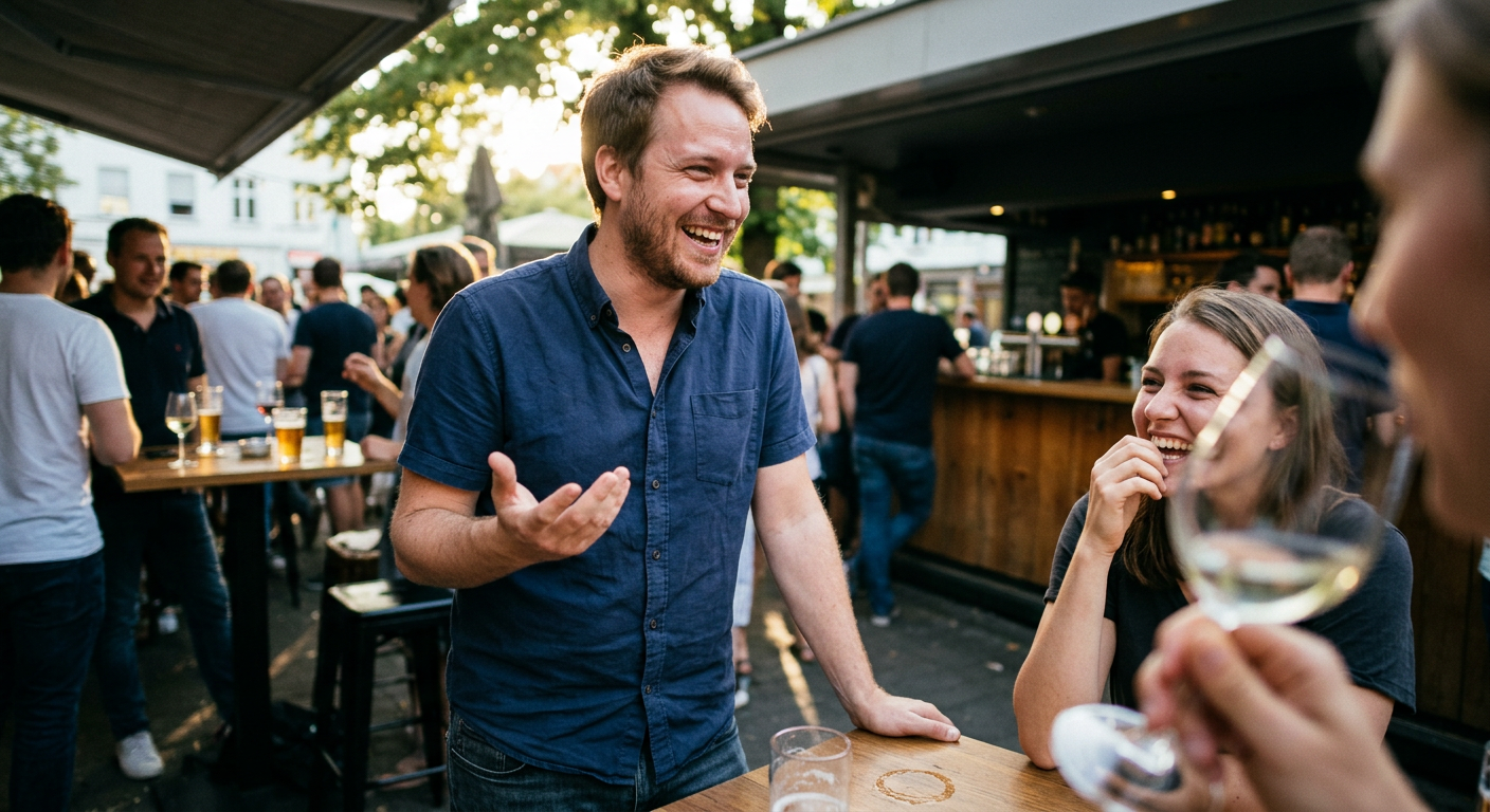 Average-looking man mid-laugh and mid-gesture at a casual terrace bar, with a woman in soft focus laughing genuinely across from him
