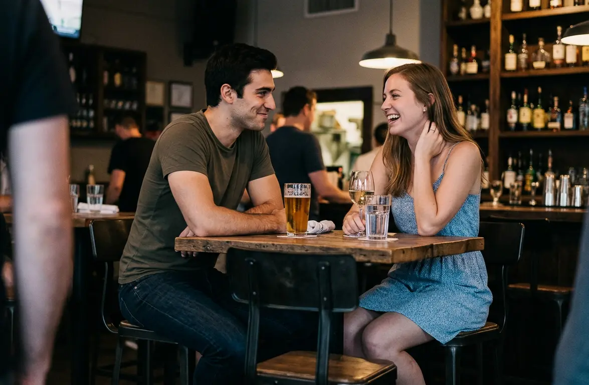 Man and woman laughing mid-conversation at a bar — genuine, natural connection