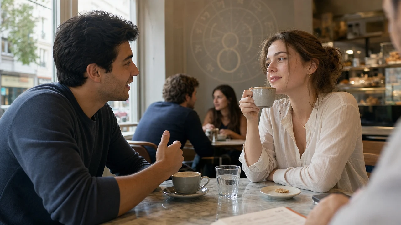 A young woman daydreaming at a café while a man talks to her — she imagines their future