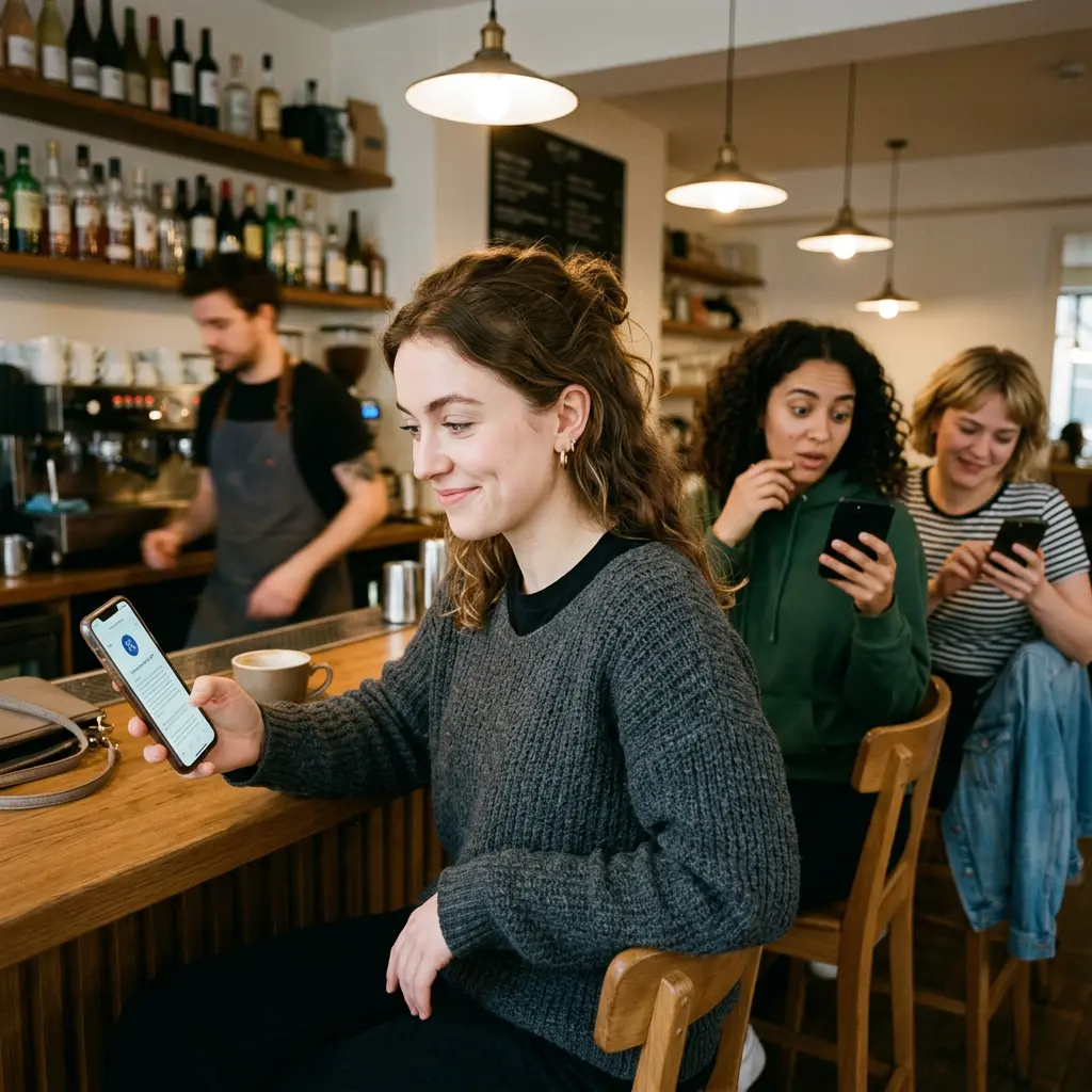 Women at a café bar counter reading horoscope apps on their phones