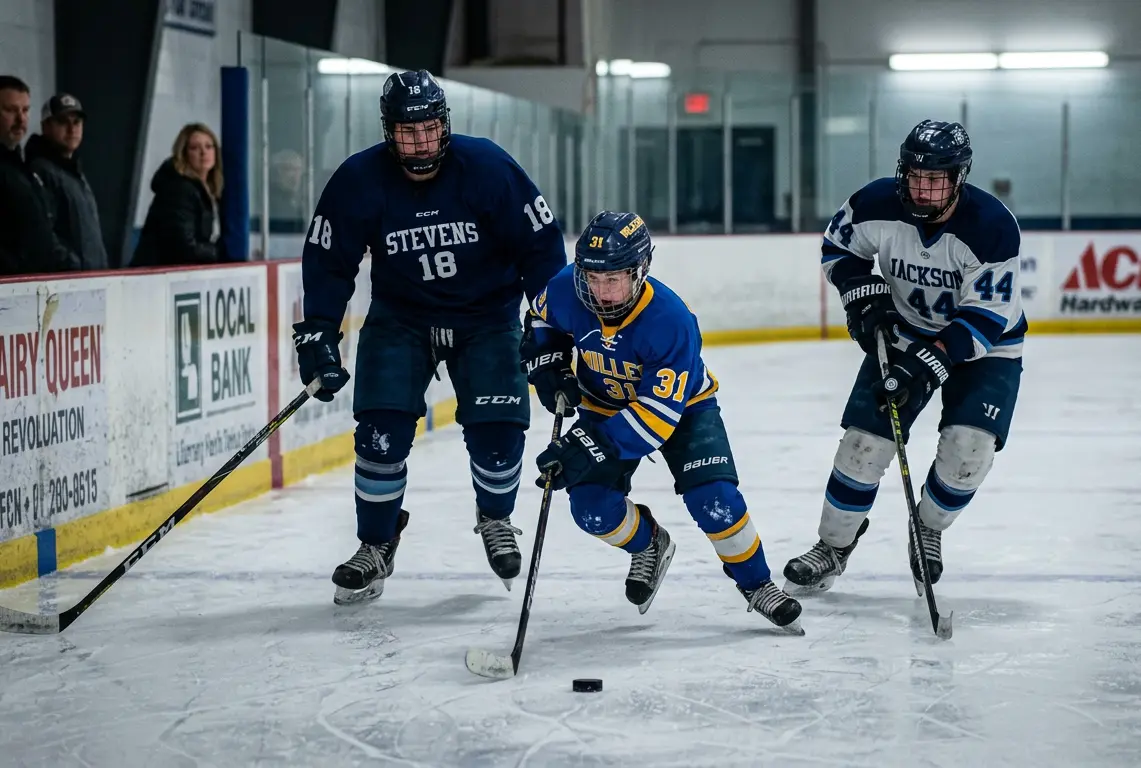 Youth hockey players on ice — one visibly smaller than teammates due to the relative age effect