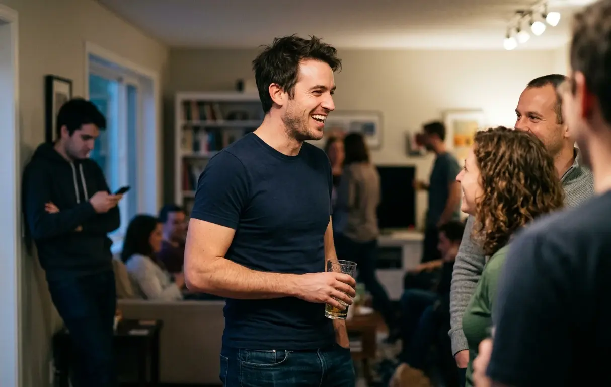 Man at a social gathering, laughing and engaging in conversation with open body language