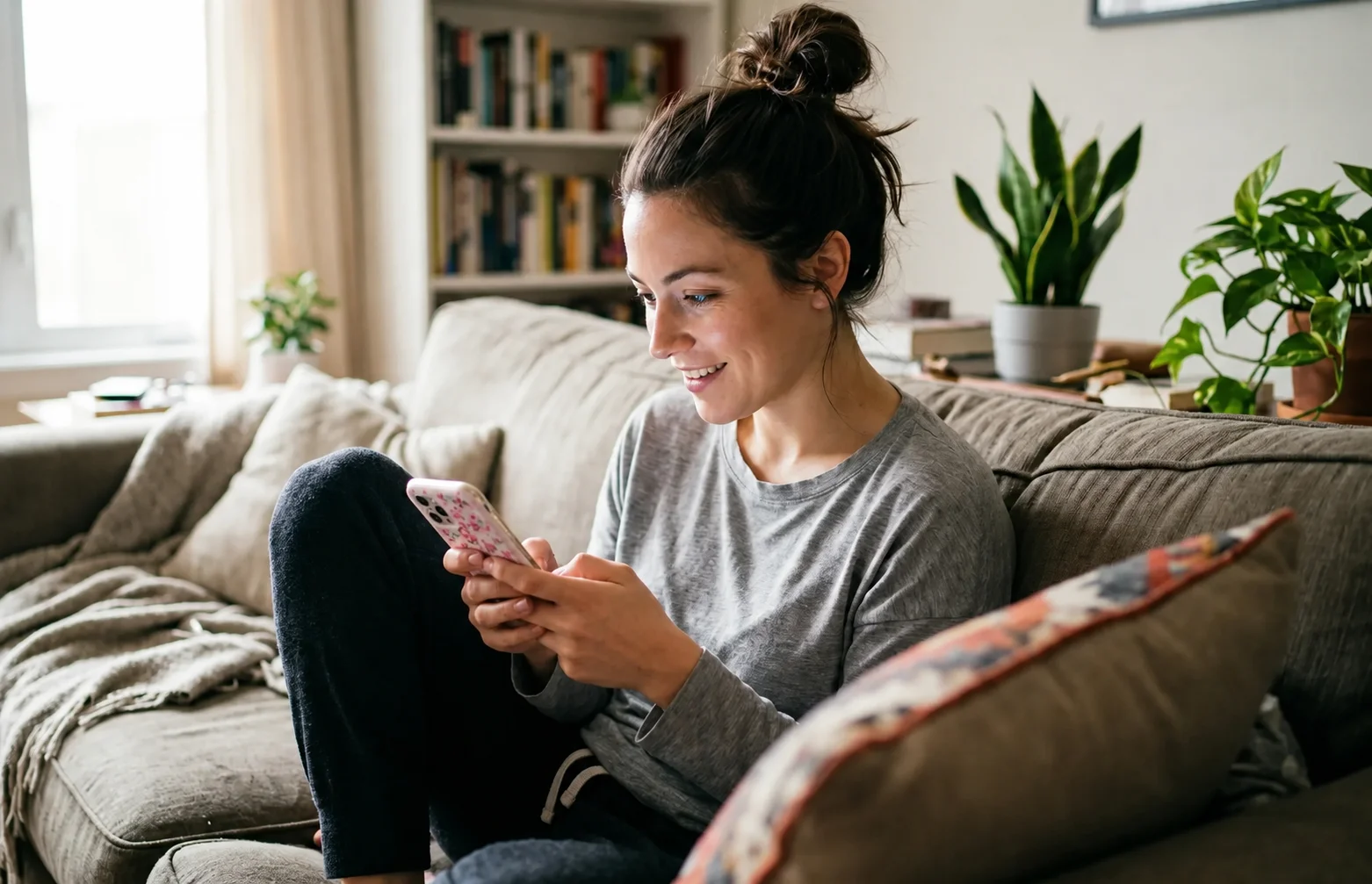 Woman on a couch scrolling through a man's Instagram profile with an intrigued expression