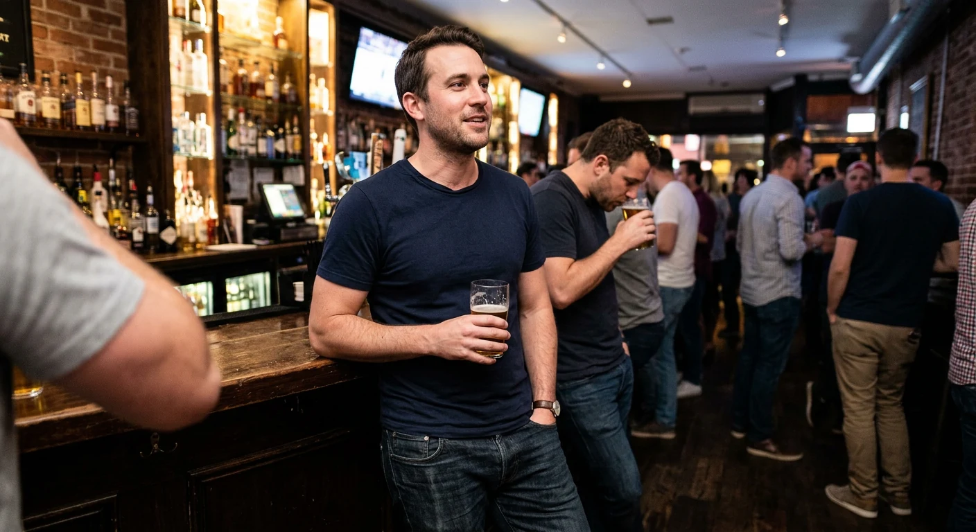 Man with open confident posture at a bar, contrasted with closed body language in background