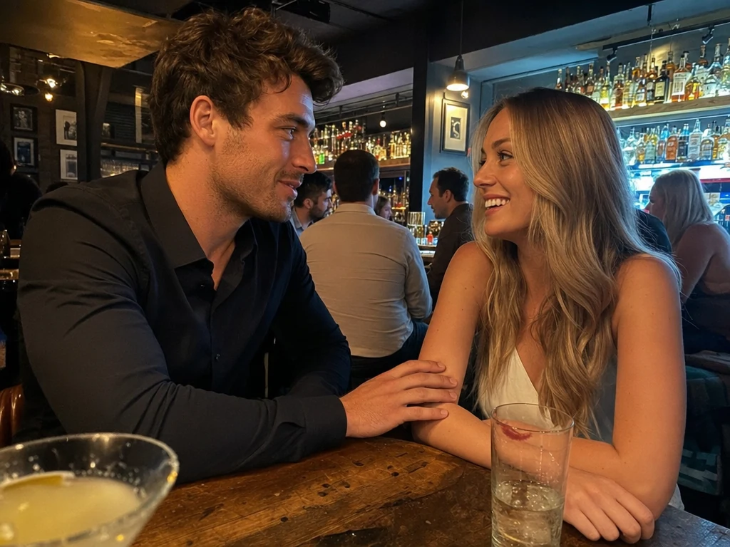 Man and woman at a bar, man lightly touching her forearm as she leans in laughing