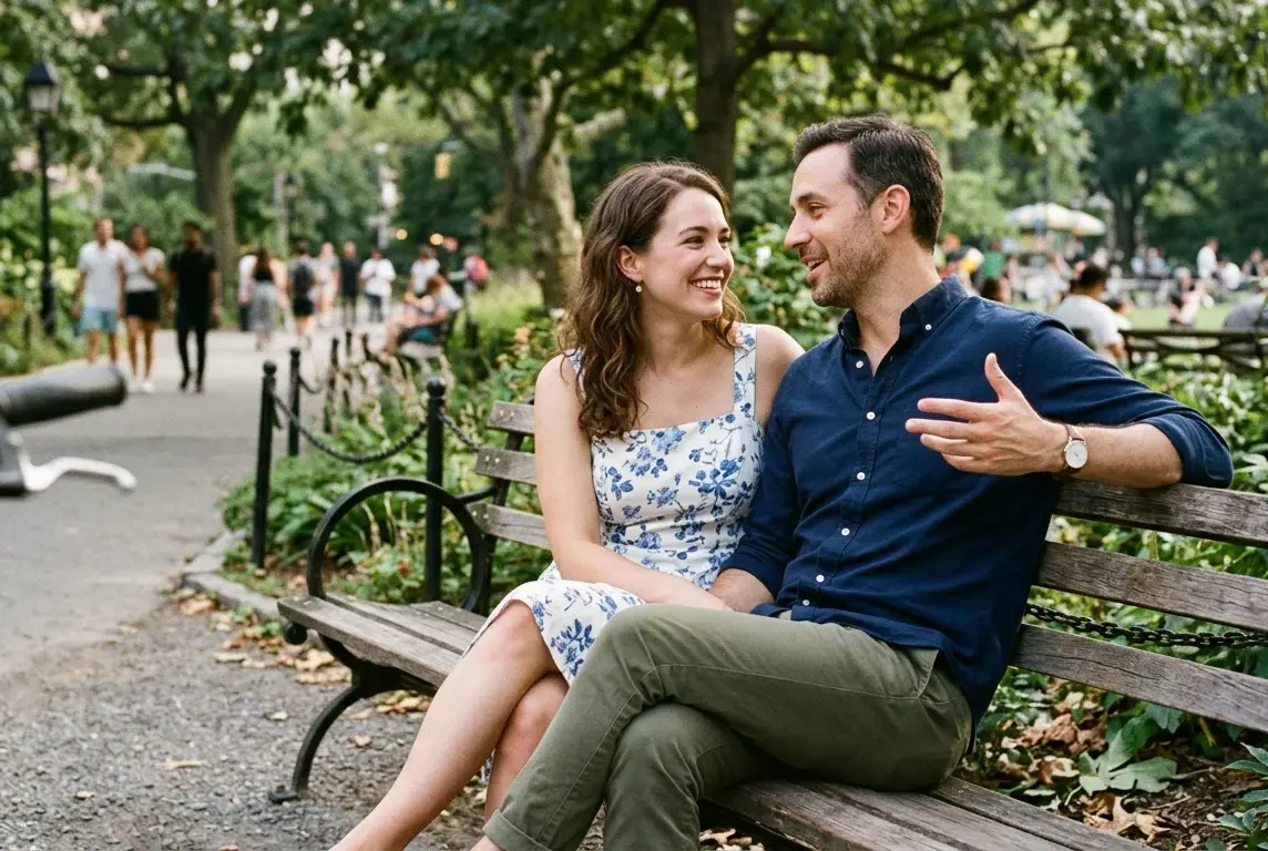 Couple with an age difference having a relaxed conversation on a park bench