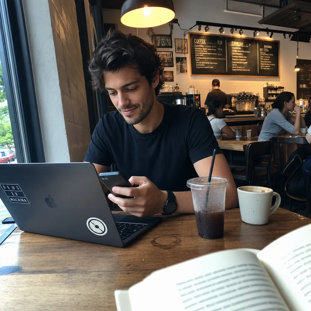 Young professional man working at a café, focused and relaxed
