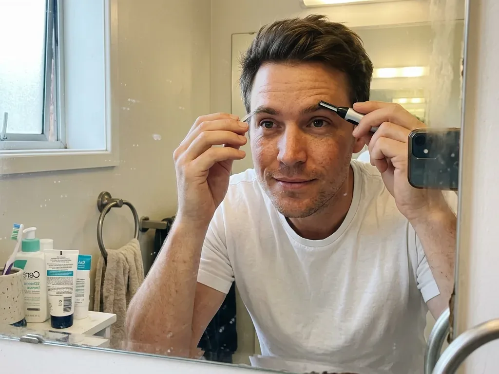 Man grooming his eyebrows with a trimmer at a bathroom mirror