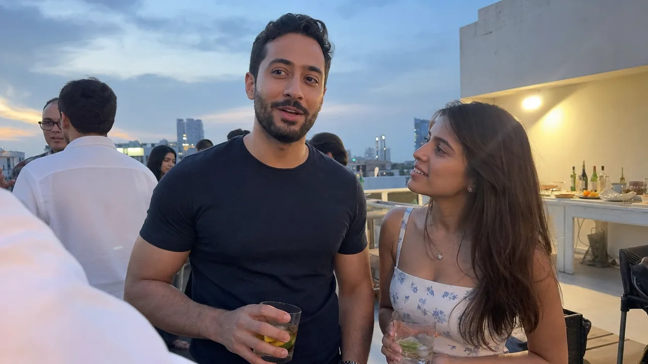 Well-groomed man at a rooftop gathering chatting with an interested woman in a summer dress