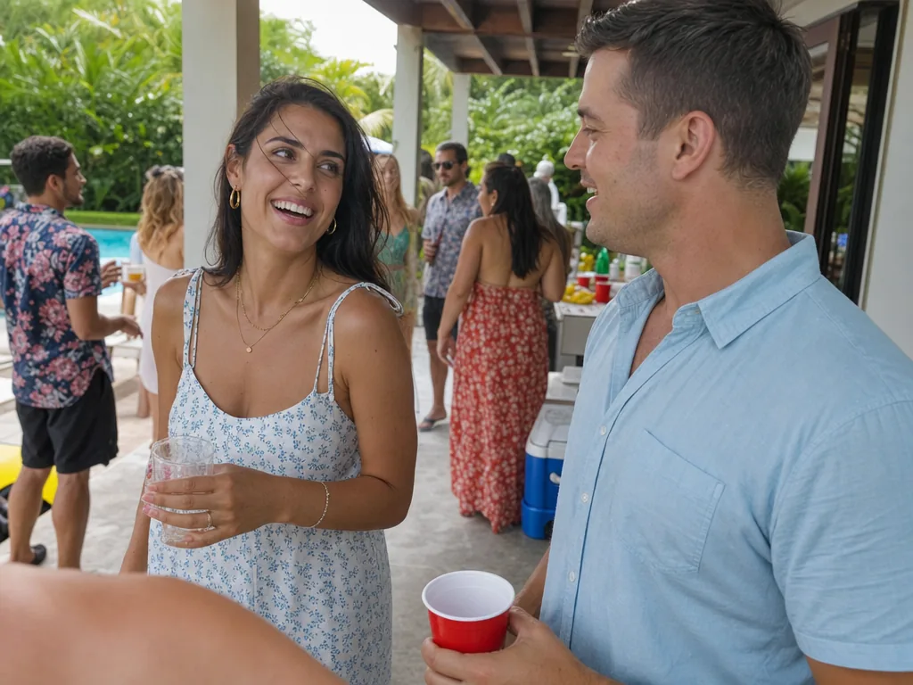 Woman in a sundress laughing with a clean-cut man at a daytime pool party