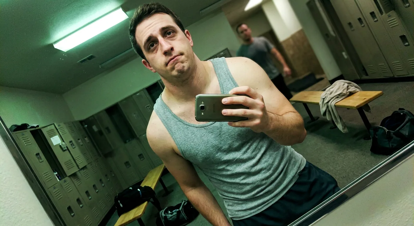 Man taking an unflattering low-angle gym mirror selfie that hides his jawline