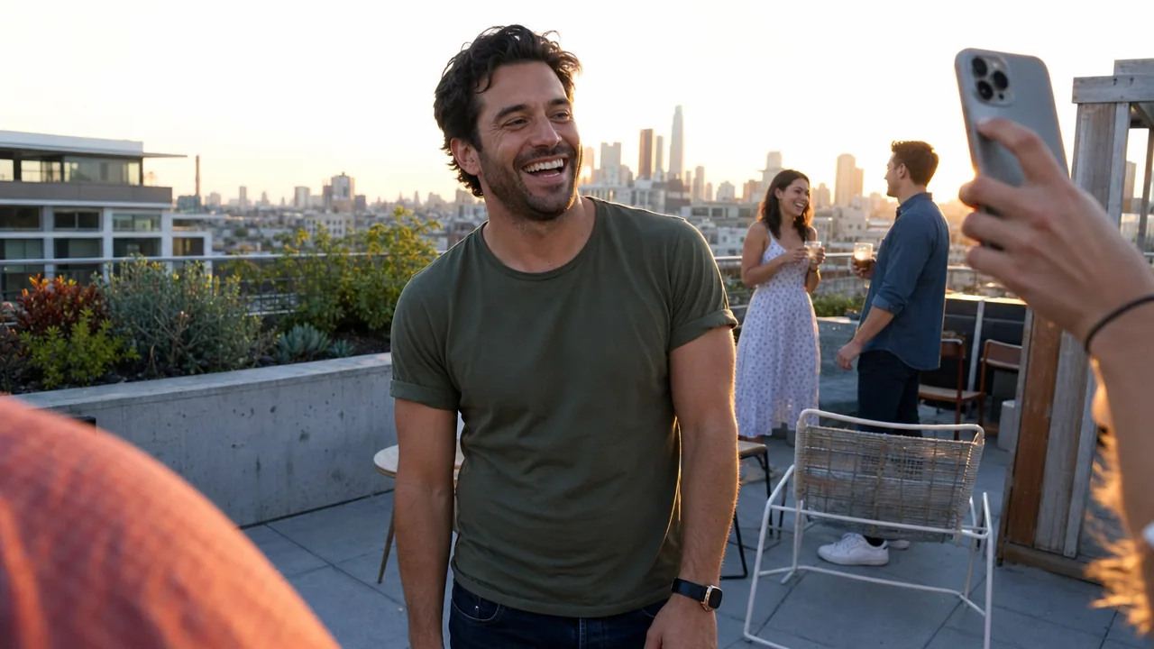A friend taking a candid rooftop photo of a smiling man, with a woman laughing in the background