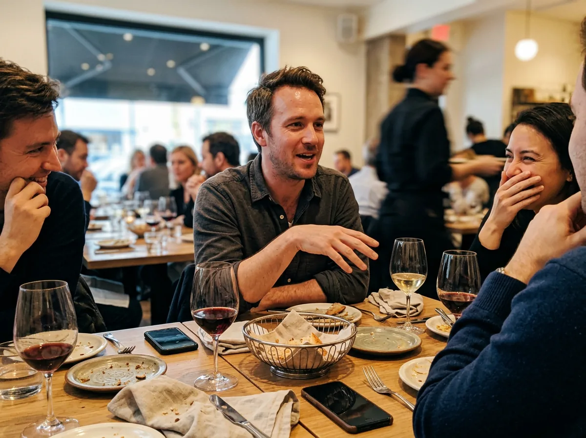 A man telling a story at a dinner table while friends lean in and laugh