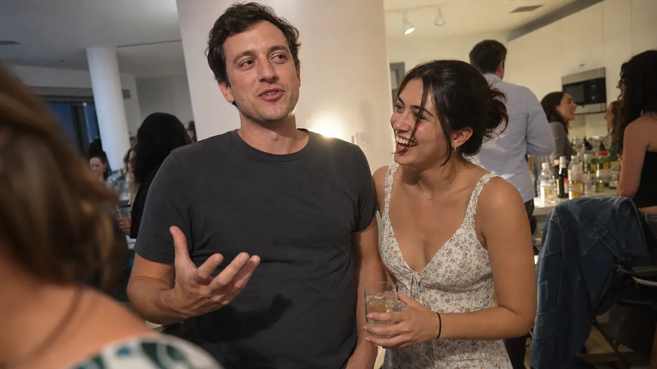 A man telling a story at a party while a woman leans in, laughing