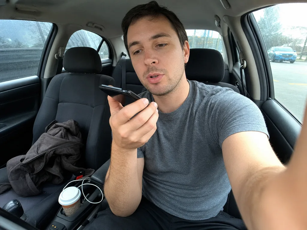 A man recording a voice memo on his phone in a parked car, practicing his speaking