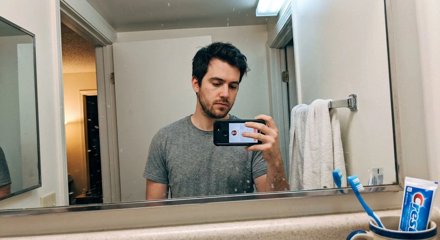 Man taking the same mirror selfie for a new dating app profile, same photos as always