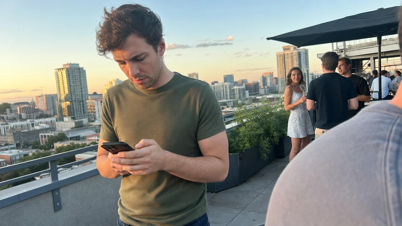 A man distracted by his dating app while an attractive woman glances over at a rooftop bar