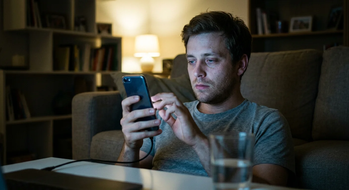 Man sitting alone on his couch late at night, glassy-eyed from hours of swiping on his phone