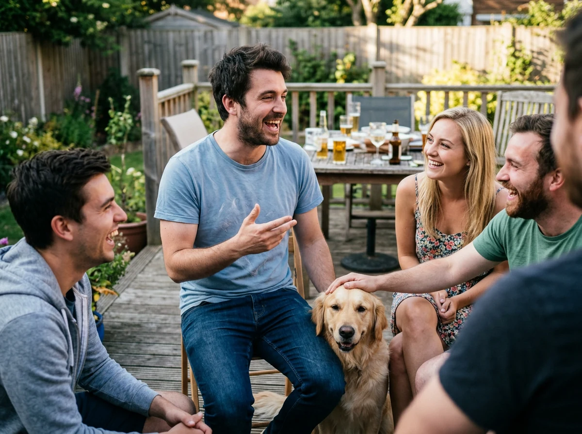 A man at the centre of a laughing group of friends on a backyard patio, a golden retriever at his leg