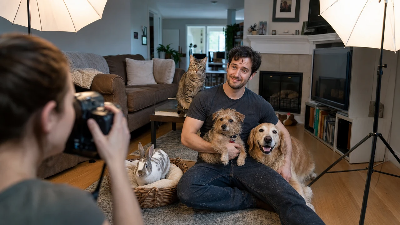 A man sitting on his living room floor surrounded by his dog, cat and rabbit during a home photoshoot