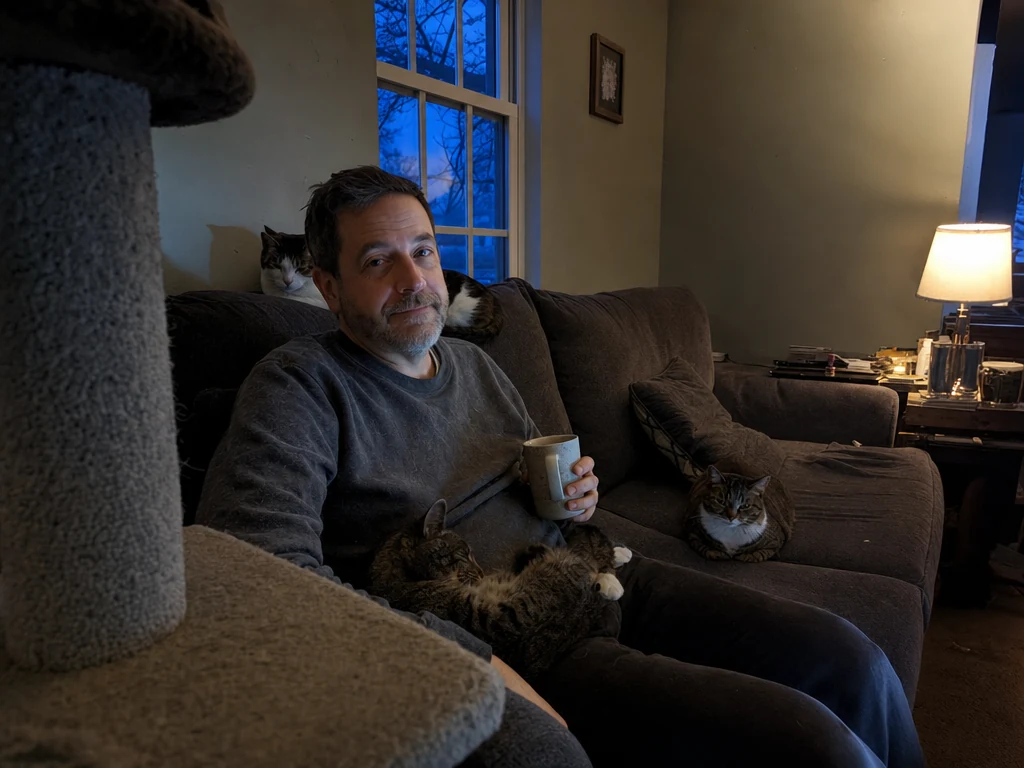 A man in his mid-40s sitting alone on a sofa in a dim living room with three cats around him