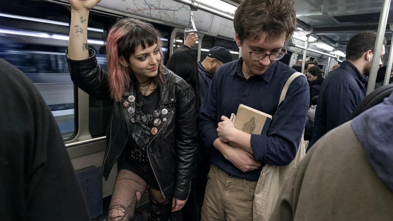 A punk-styled young woman on a crowded subway train smiling subtly at a shy, plainly dressed young man beside her who is looking down