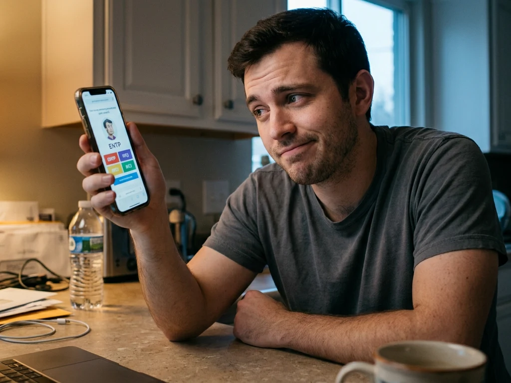 A man at his kitchen counter looking at a personality test result on his phone with a skeptical expression