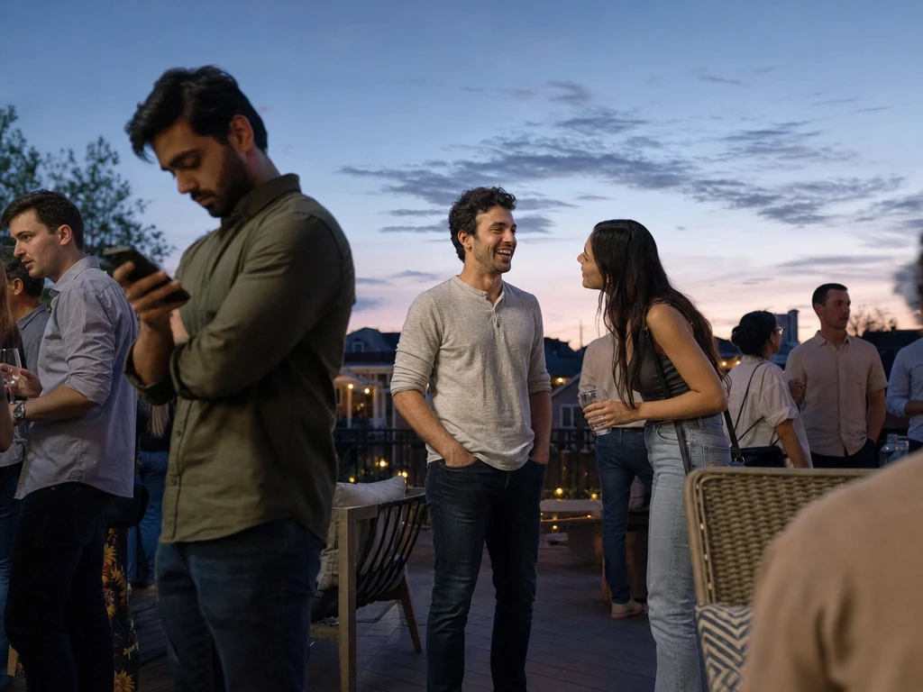 A relaxed, engaged man talking with a curious woman at a party, while another man stands alone with closed body language in the foreground
