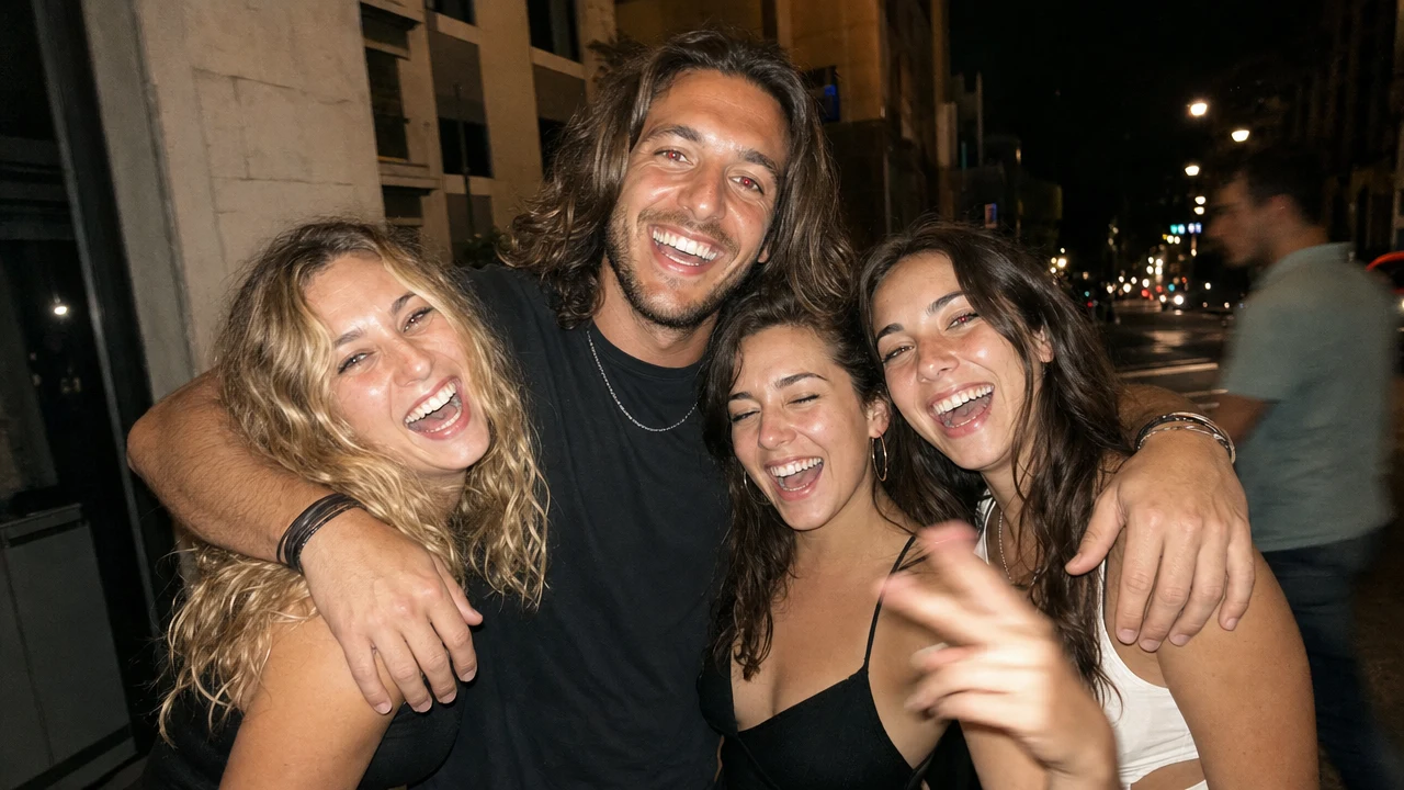 A man leaning into a flash-lit nightlife street photo with four friends, arms around them, everyone smiling widely at the camera