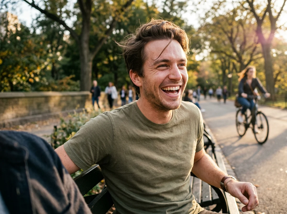 A man mid-laugh in golden-hour outdoor light, looking slightly off-camera, a defocused city park behind him