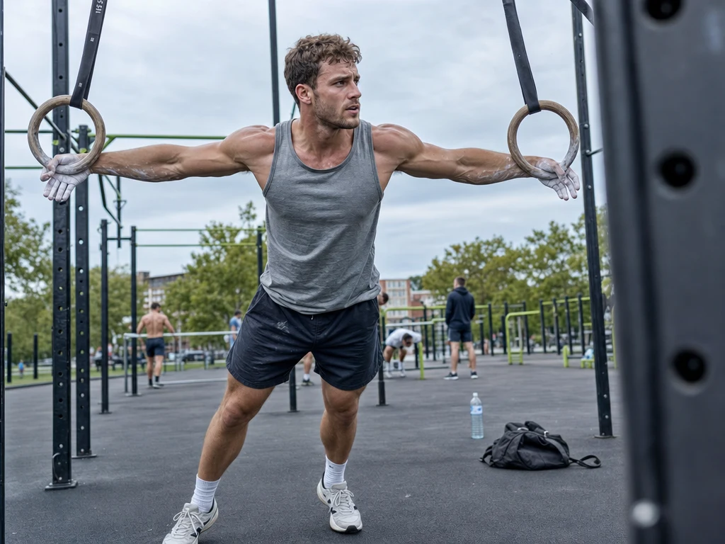 An athletic man mid-hold on outdoor gymnastic rings at a park calisthenics rig, visible muscle definition and chalk on his hands