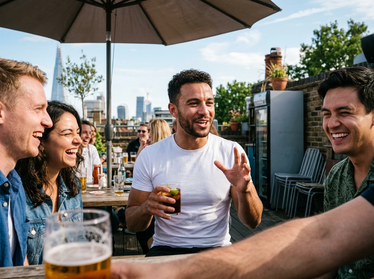 A man as the clear centre of four laughing friends at a daytime rooftop bar, gesturing mid-sentence