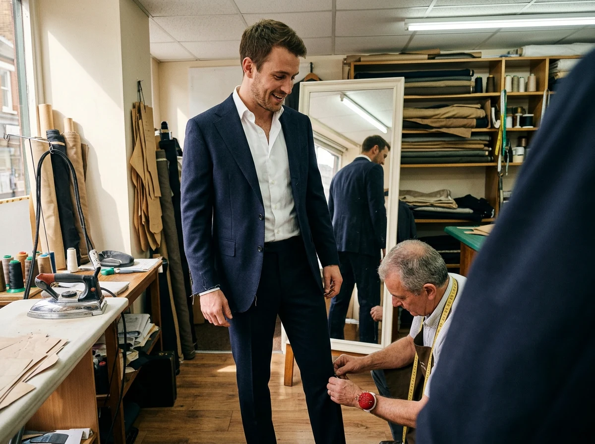 A man in a half-finished suit at a tailor's shop, glancing down with a relaxed smile while a tailor pins the trouser hem