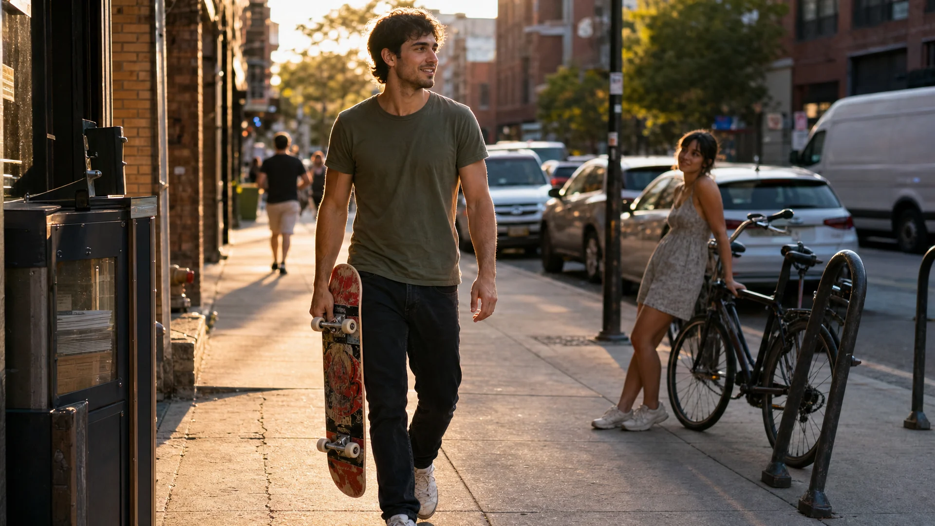A man walks a sunlit sidewalk at golden hour carrying a skateboard at his side, while a woman leaning on a parked bike glances toward him