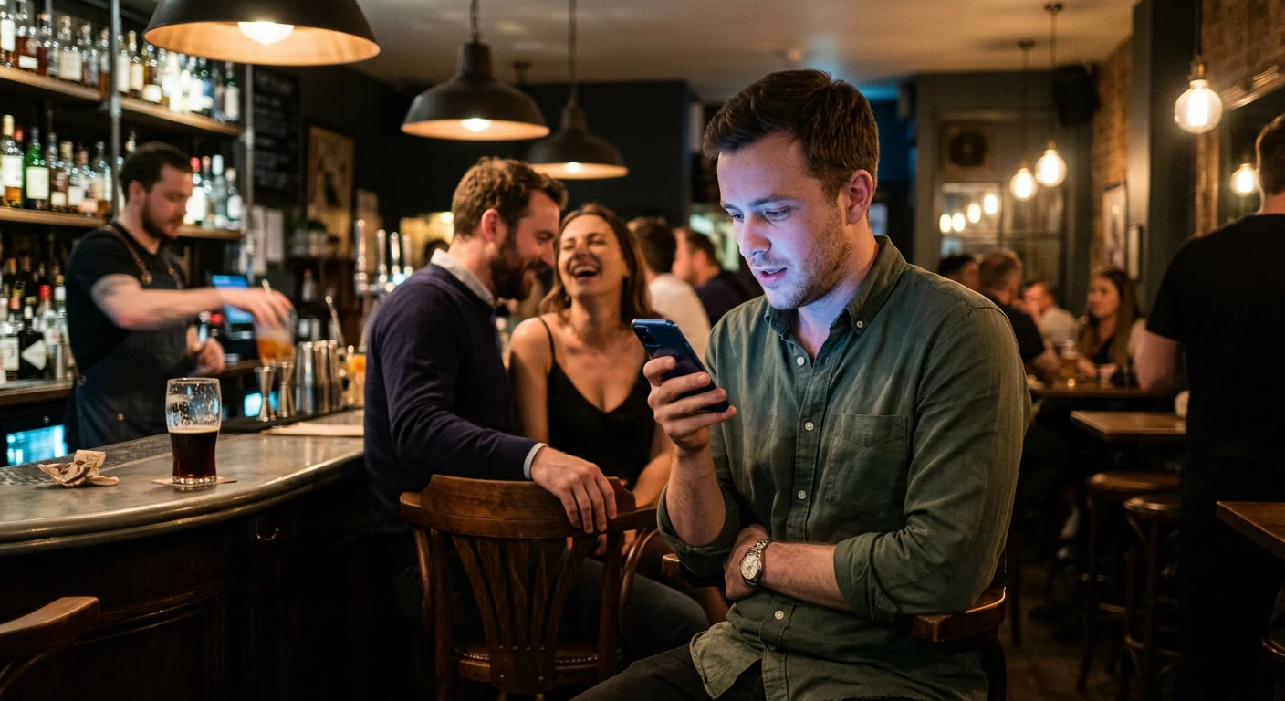 A man alone at a bar checking his phone at night while a confident man and woman laugh together behind him