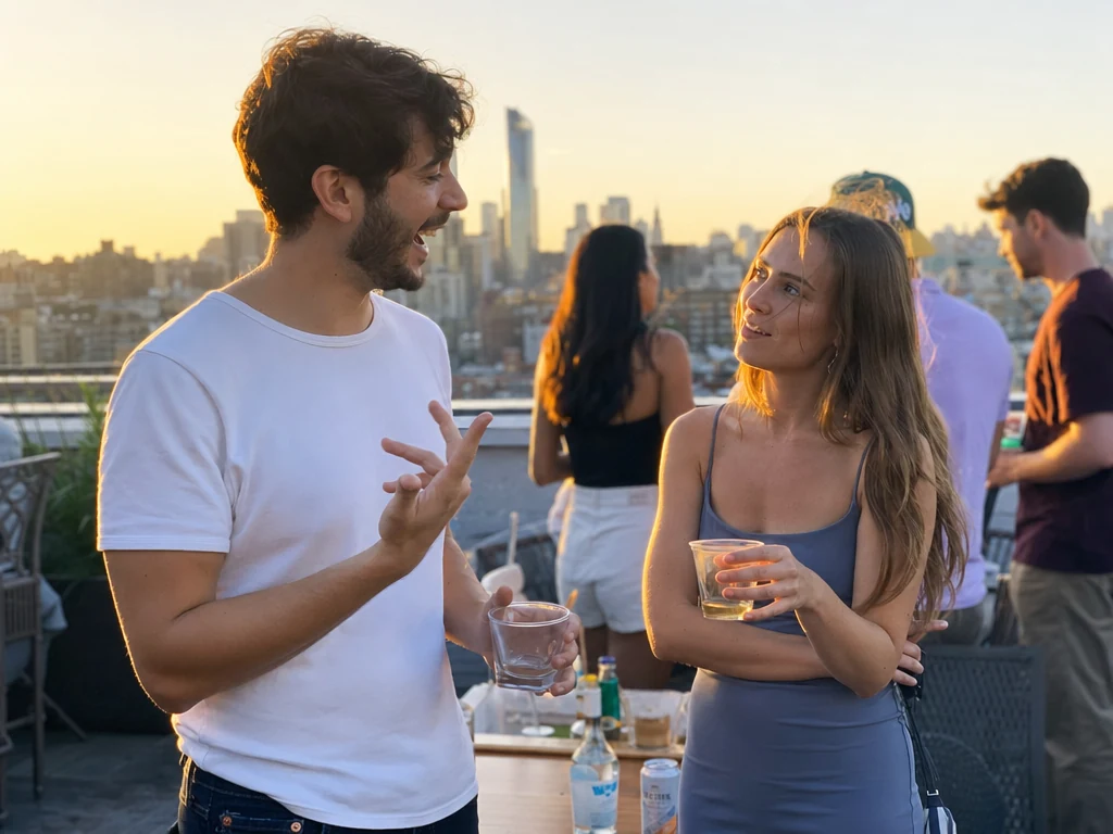 Man mid laugh in animated conversation with a woman on a rooftop terrace at golden hour