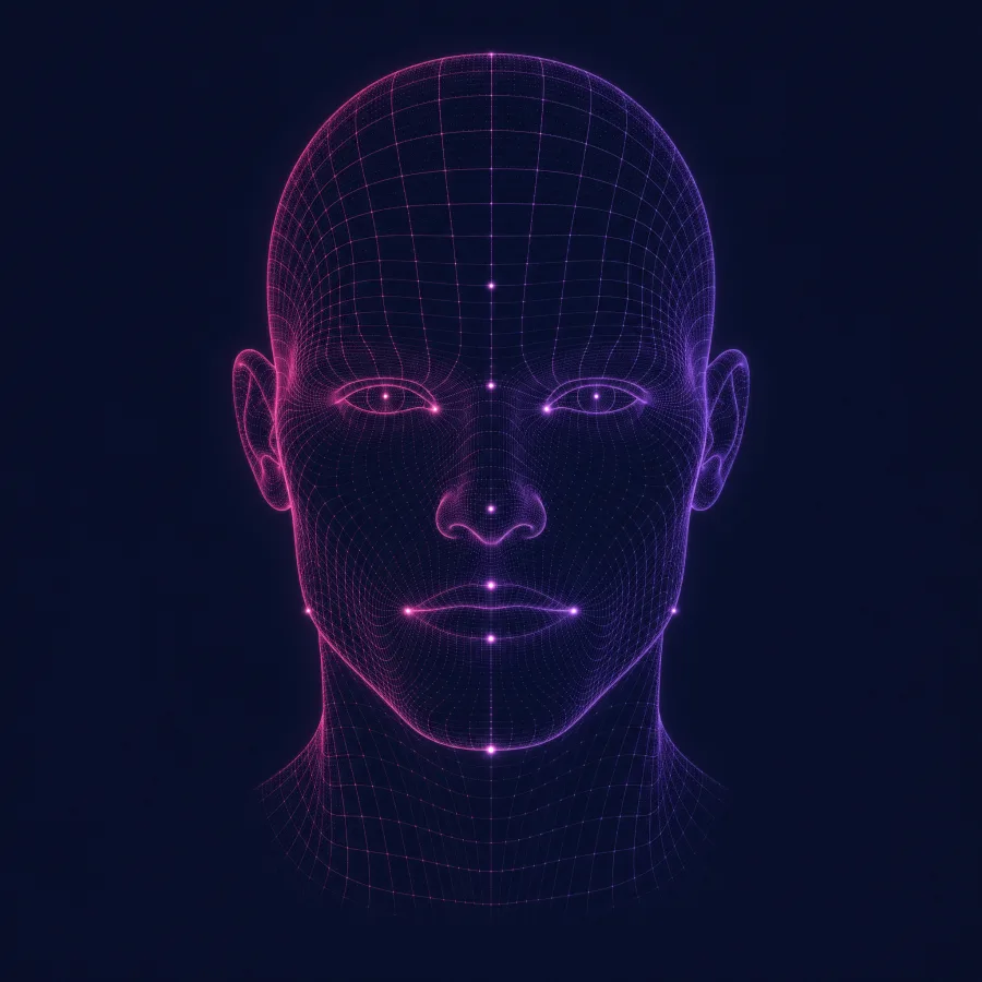 Futuristic wireframe male head with facial landmarks highlighted
